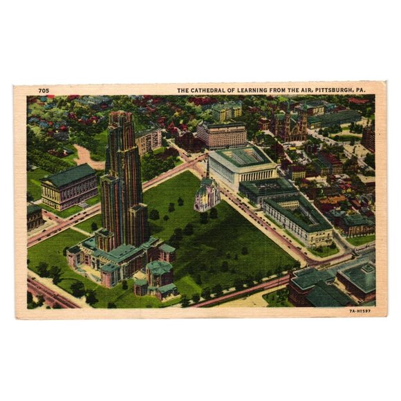 Vintage Postcard Cathedral Learning From The Air Pittsburgh PA Linen Style 705 - Picture 1 of 2